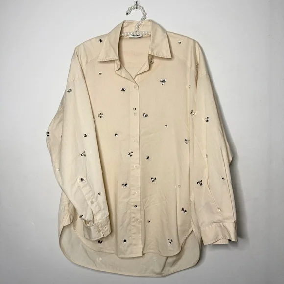 Sandro Rhinestone Cream Collared Shirt - Picture 3 of 12